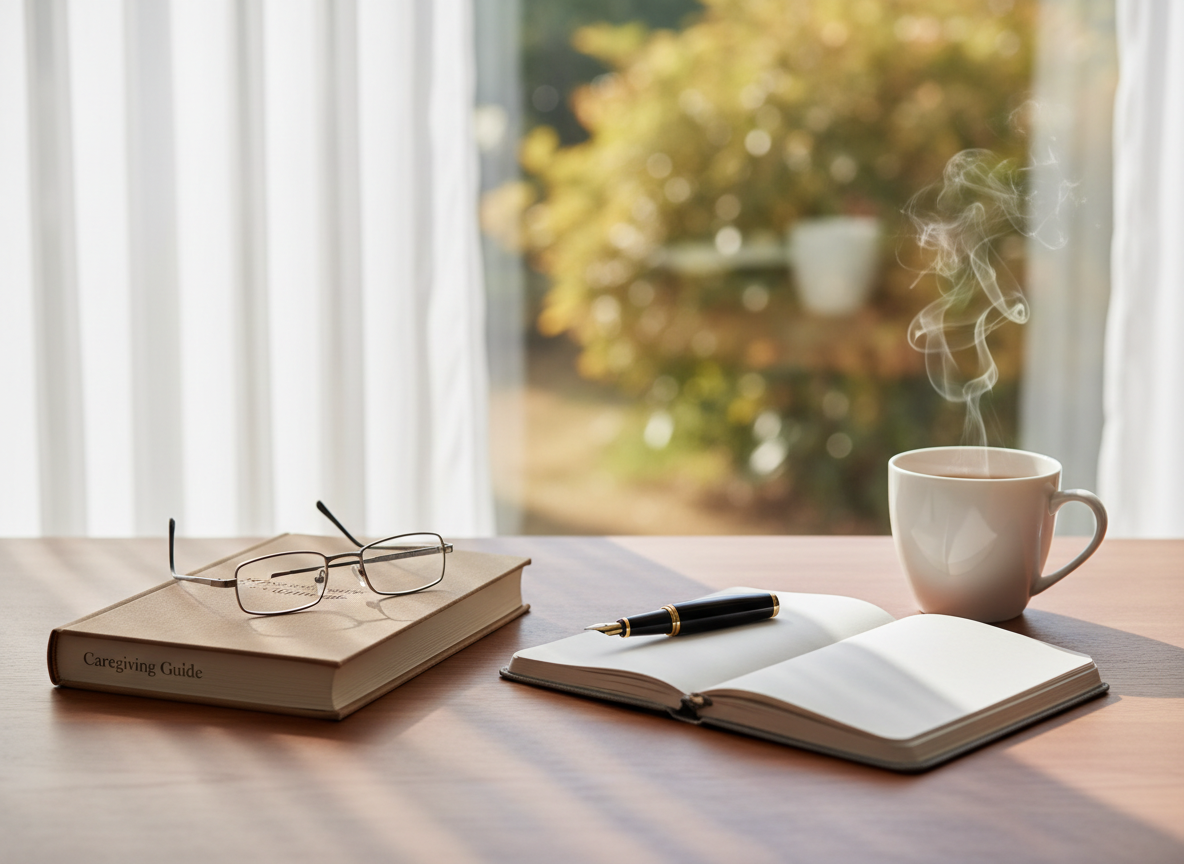 A neatly arranged wooden writing desk with a closed hardcover book titled with a subtle, embossed “Caregiving Guide,” lying beside a soft gray fabric journal and an uncapped fountain pen. A pair of reading glasses rests on the book’s cover, and a ceramic mug of herbal tea releases a faint curl of steam. The desk sits near a large window overlooking a blurred, leafy garden. Soft morning sunlight filters through sheer curtains, casting gentle, elongated shadows and creating a calm, inviting glow. Photographic realism with a clean, modern aesthetic, shot at eye level using a shallow depth of field so the book and journal are in sharp focus while the background fades into a warm, peaceful blur, evoking organization, clarity, and quiet support.