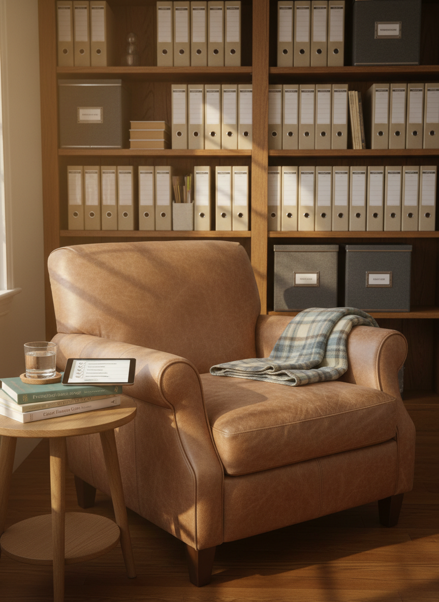 A well‑worn, light brown leather armchair with a folded plaid blanket draped over one arm, placed in the corner of a tidy living room. On a small round oak side table sits a stack of caregiving books, a digital tablet displaying a checklist, and a coaster with a half‑full glass of water. In the background, a neatly organized bookshelf holds labeled binders and storage boxes. Late afternoon natural light spills in from an unseen window, creating soft highlights on the leather texture and gentle shadows on the floor. Captured in photographic realism from a slightly elevated angle, with balanced composition and moderate depth of field, the mood is reassuring, organized, and warmly professional, suggesting a thoughtful, prepared caregiving environment.