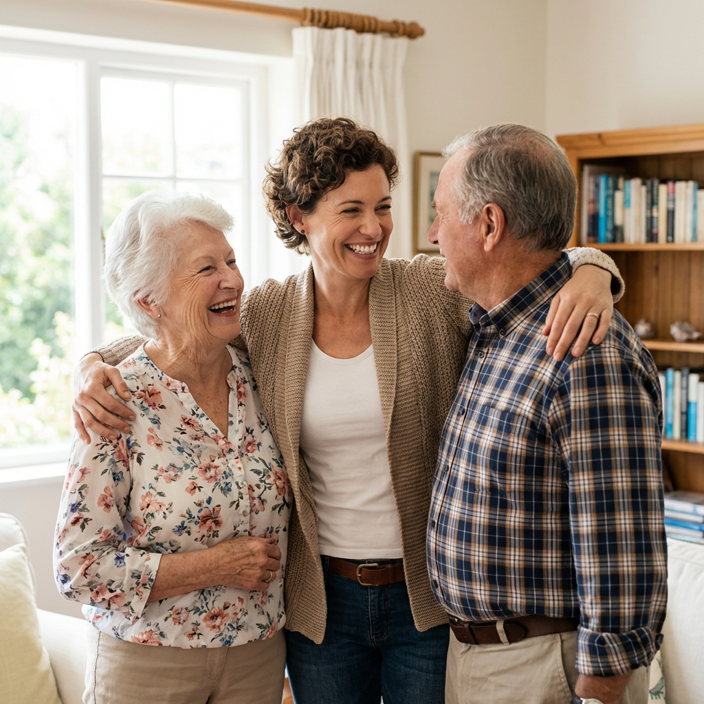 An adult woman laughs while embracing her elderly parents in a brightly lit living room.